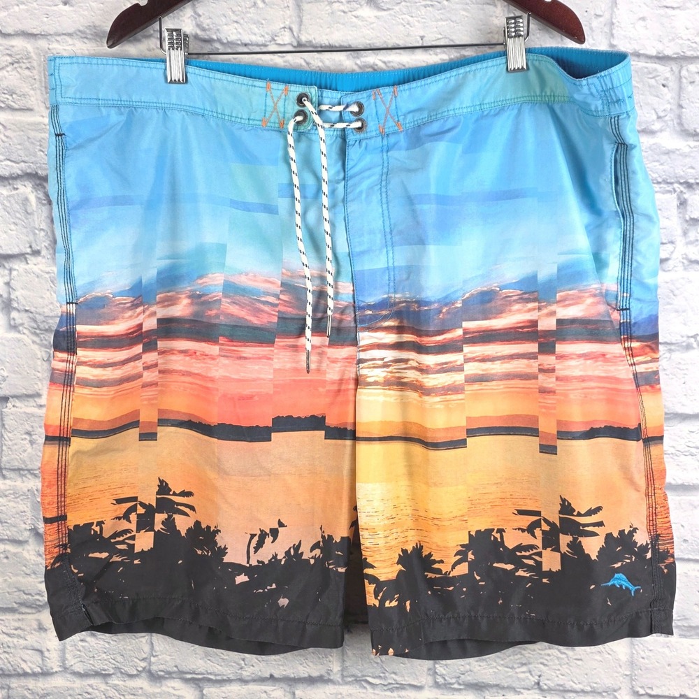 Tommy‎ Bahama Men Blue Pixel Pier Sunset Palm Tree Swim Trunks Shorts Size 2XL
